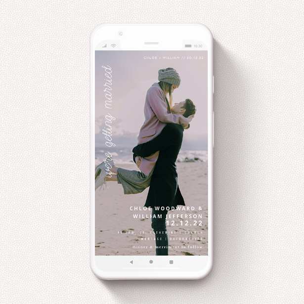 A digital wedding invite template titled "Southbank". It is a smartphone screen sized invite in a portrait orientation. It is a photographic digital wedding invite with room for 1 photo. "Southbank" is available as a flat invite, with mainly white colouring.
