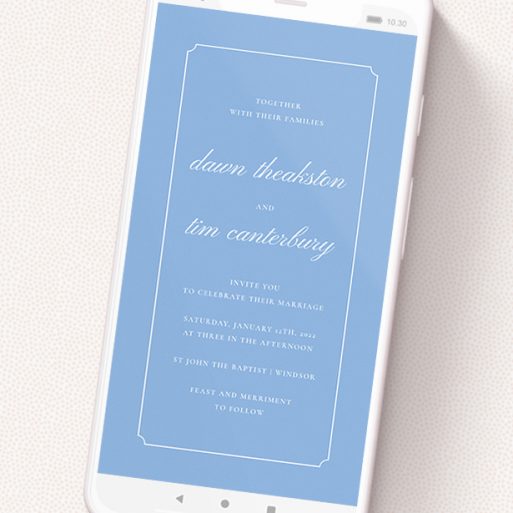 A digital wedding invite design called 'Square Slant Blue'. It is a smartphone screen sized invite in a portrait orientation. 'Square Slant Blue' is available as a flat invite, with tones of blue and white.