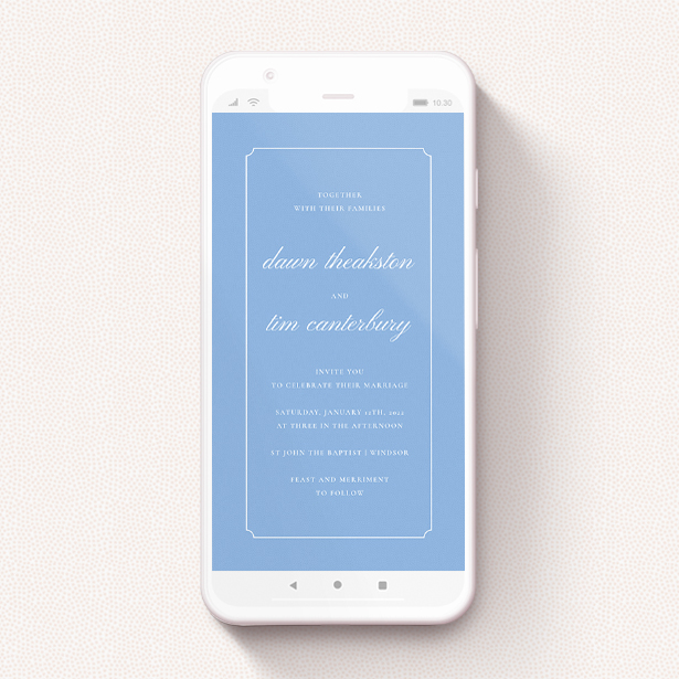 A digital wedding invite design called "Square Slant Blue". It is a smartphone screen sized invite in a portrait orientation. "Square Slant Blue" is available as a flat invite, with tones of blue and white.