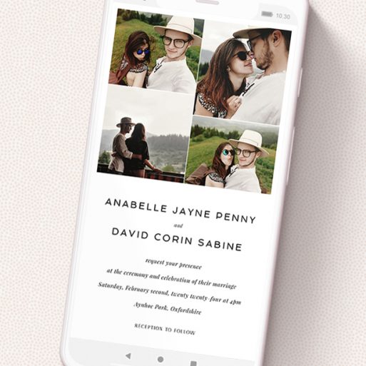 A digital wedding invite template titled 'Stacked Photos'. It is a smartphone screen sized invite in a portrait orientation. It is a photographic digital wedding invite with room for 4 photos. 'Stacked Photos' is available as a flat invite, with mainly white colouring.