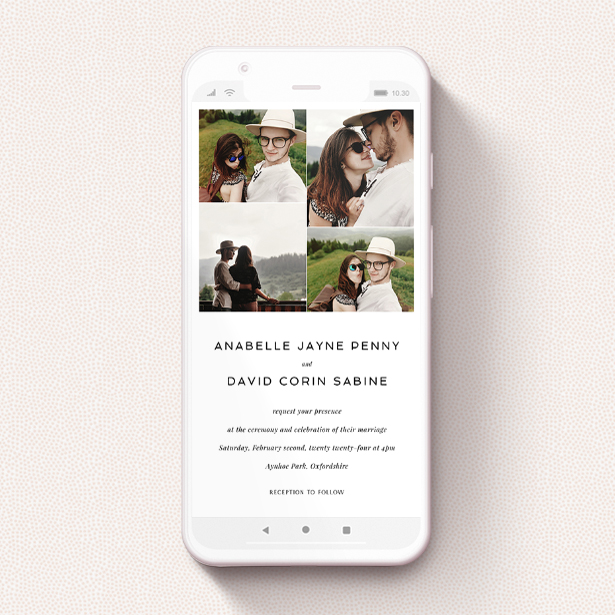 A digital wedding invite template titled "Stacked Photos". It is a smartphone screen sized invite in a portrait orientation. It is a photographic digital wedding invite with room for 4 photos. "Stacked Photos" is available as a flat invite, with mainly white colouring.
