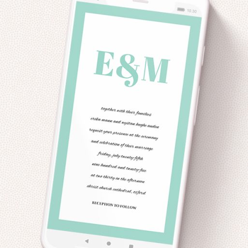 A digital wedding invite named 'Take on the sides '. It is a smartphone screen sized invite in a portrait orientation. 'Take on the sides ' is available as a flat invite, with tones of green and white.