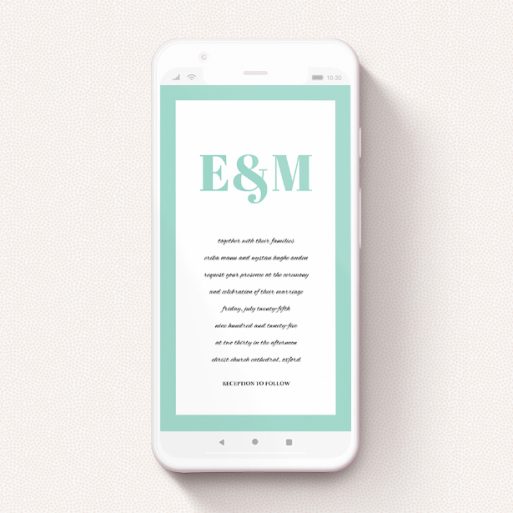 A digital wedding invite named "Take on the sides ". It is a smartphone screen sized invite in a portrait orientation. "Take on the sides " is available as a flat invite, with tones of green and white.