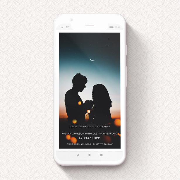 A digital wedding invite template titled "Thin White Border". It is a smartphone screen sized invite in a portrait orientation. It is a photographic digital wedding invite with room for 1 photo. "Thin White Border" is available as a flat invite, with mainly white colouring.