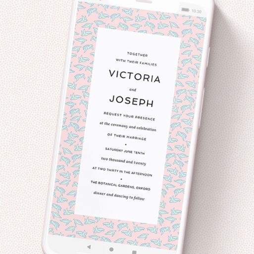 A digital wedding invite named 'Tiny, Tiny Turtles'. It is a smartphone screen sized invite in a portrait orientation. 'Tiny, Tiny Turtles' is available as a flat invite, with tones of blue and pink.