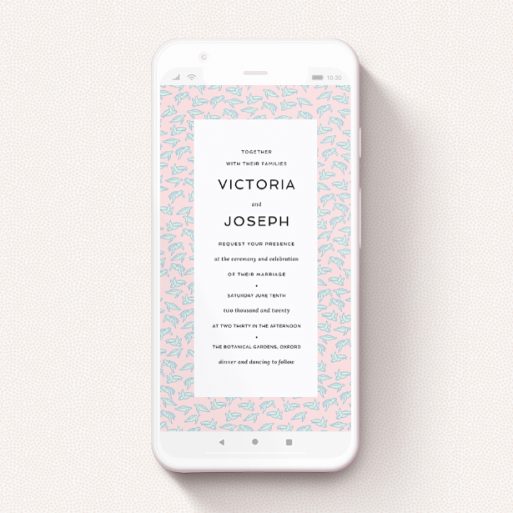 A digital wedding invite named "Tiny, Tiny Turtles". It is a smartphone screen sized invite in a portrait orientation. "Tiny, Tiny Turtles" is available as a flat invite, with tones of blue and pink.