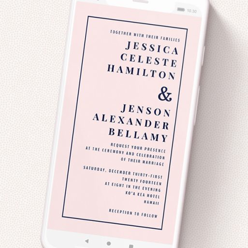 A digital wedding invite template titled 'To the right'. It is a smartphone screen sized invite in a portrait orientation. 'To the right' is available as a flat invite, with mainly pink colouring.
