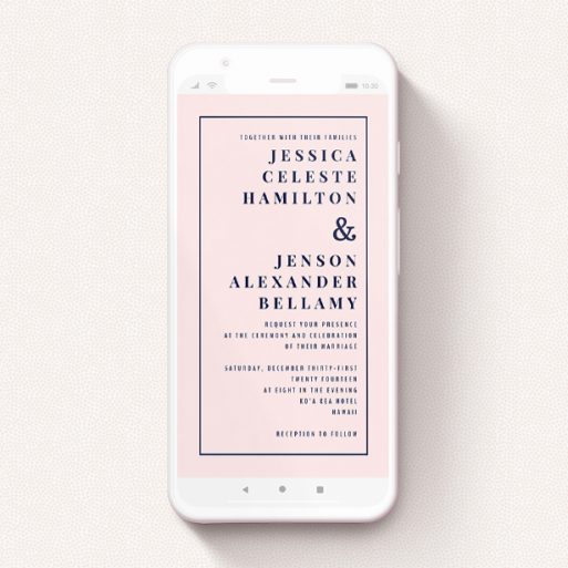 A digital wedding invite template titled "To the right". It is a smartphone screen sized invite in a portrait orientation. "To the right" is available as a flat invite, with mainly pink colouring.