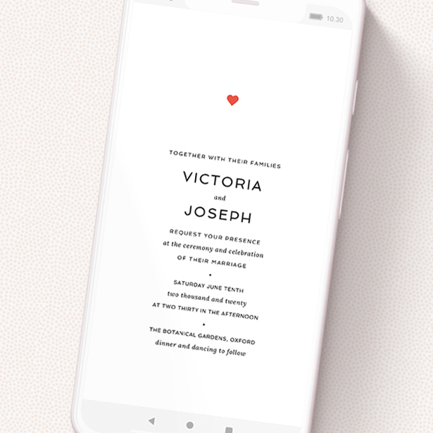 A digital wedding invite design called 'What it comes down to'. It is a smartphone screen sized invite in a portrait orientation. 'What it comes down to' is available as a flat invite, with tones of white and red.