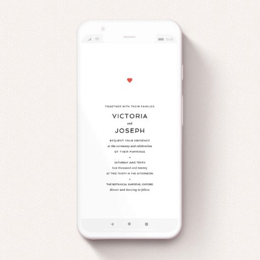 A digital wedding invite design called "What it comes down to". It is a smartphone screen sized invite in a portrait orientation. "What it comes down to" is available as a flat invite, with tones of white and red.