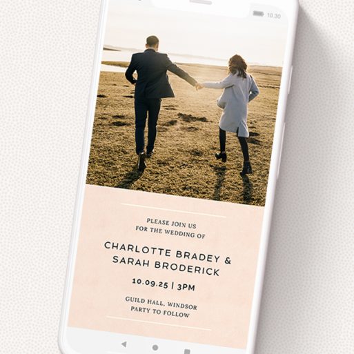 A digital wedding invite named 'Worn Pink'. It is a smartphone screen sized invite in a portrait orientation. It is a photographic digital wedding invite with room for 1 photo. 'Worn Pink' is available as a flat invite, with tones of pink and white.
