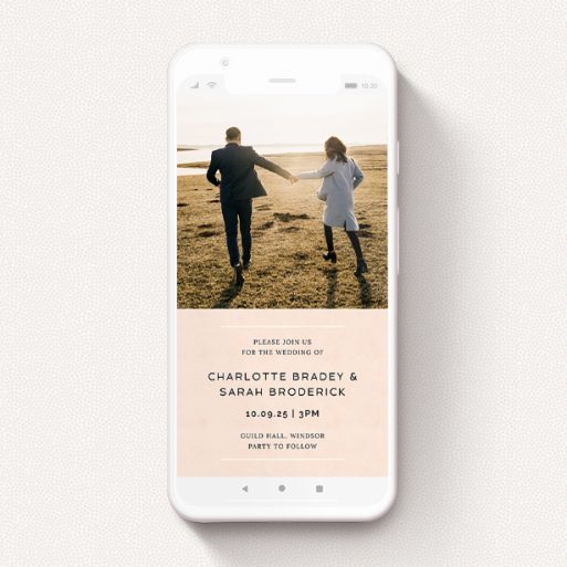 A digital wedding invite named "Worn Pink". It is a smartphone screen sized invite in a portrait orientation. It is a photographic digital wedding invite with room for 1 photo. "Worn Pink" is available as a flat invite, with tones of pink and white.