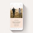 A digital wedding invite named "Worn Pink". It is a smartphone screen sized invite in a portrait orientation. It is a photographic digital wedding invite with room for 1 photo. "Worn Pink" is available as a flat invite, with tones of pink and white.