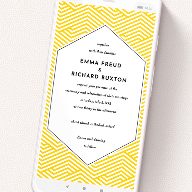 A digital wedding invite named 'Yellow lines '. It is a smartphone screen sized invite in a portrait orientation. 'Yellow lines ' is available as a flat invite, with tones of yellow and white.