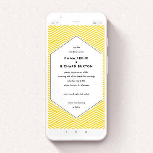 A digital wedding invite named "Yellow lines ". It is a smartphone screen sized invite in a portrait orientation. "Yellow lines " is available as a flat invite, with tones of yellow and white.