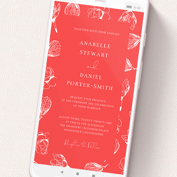 A digital wedding invite template titled 'Young Bloom'. It is a smartphone screen sized invite in a portrait orientation. 'Young Bloom' is available as a flat invite, with tones of red and white.