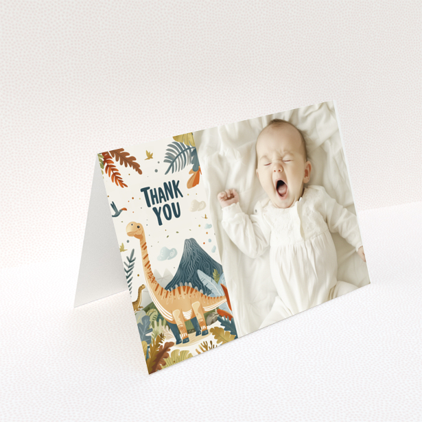 Baby thank you card design with dinosaur illustration and one baby photo