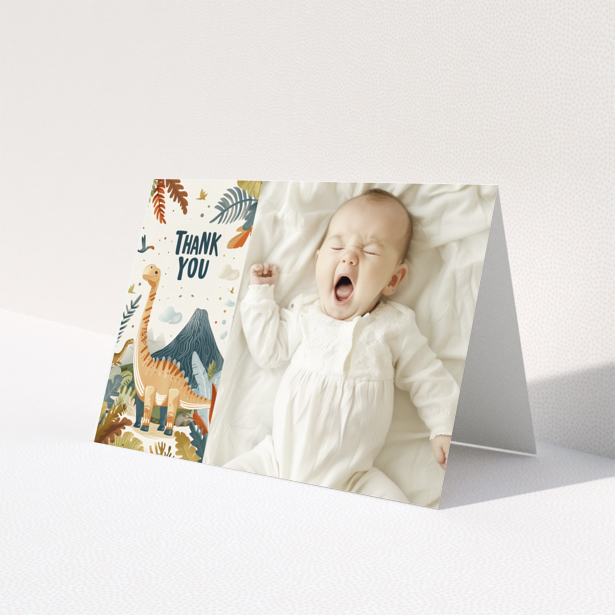 Baby thank you card design with dinosaur illustration and one baby photo