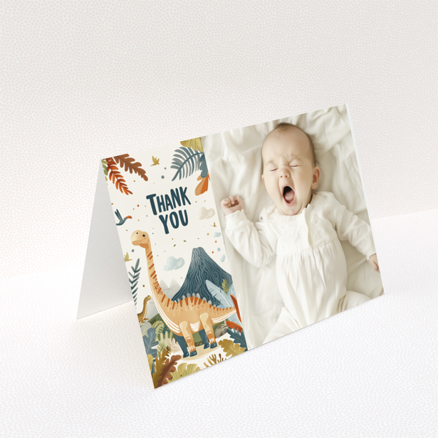 Baby thank you card design with dinosaur illustration and one baby photo