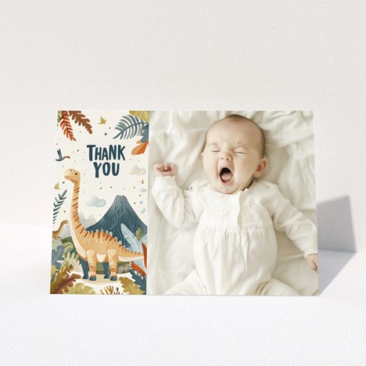 Baby thank you card design with dinosaur illustration and one baby photo