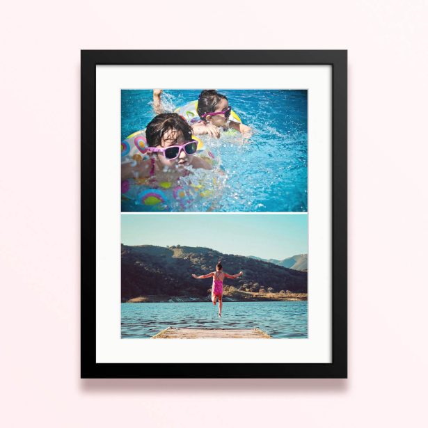 Framed and mounted photo print of a person jumping off a dock with scenic hills and water, including one photo