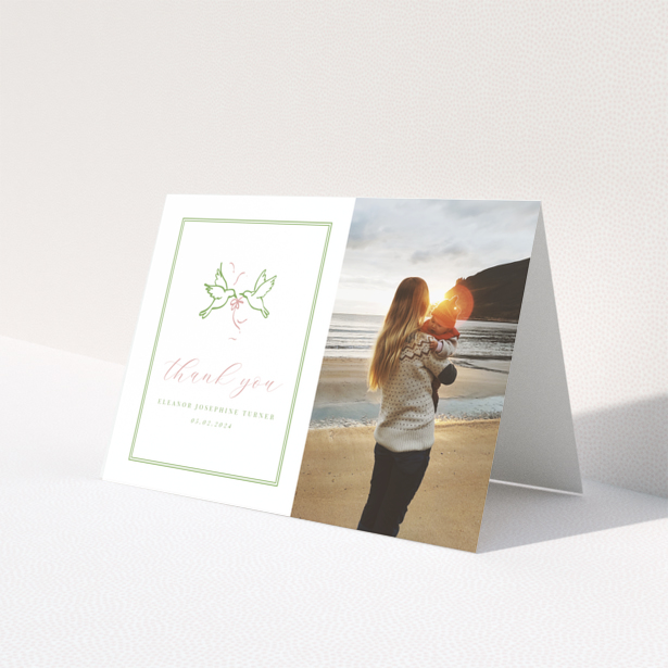 Baby thank you card design with one photo and green border.