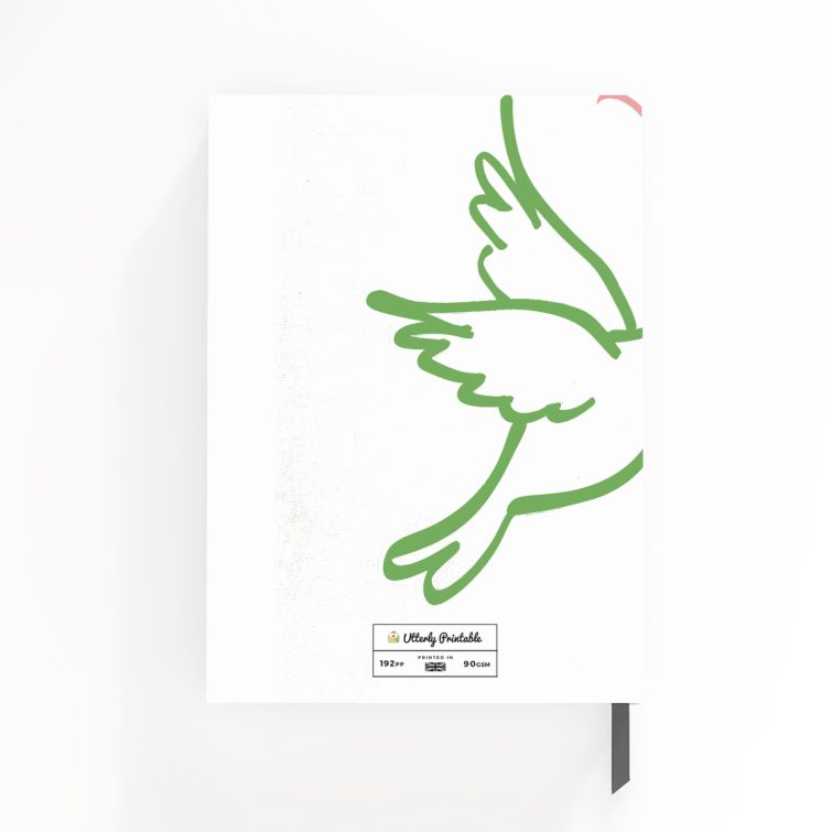 Colourful illustrated notebooks design featuring two birds holding a flower, ideal for wedding and funeral stationery, by Utterly Printable, UK-based personalised printing website.