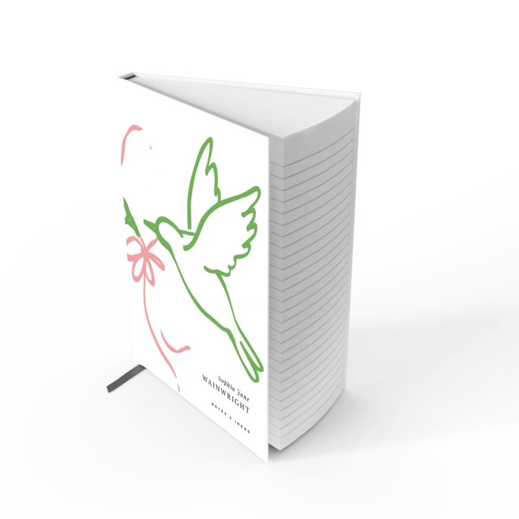 Colourful illustrated notebooks design featuring two birds holding a flower, ideal for wedding and funeral stationery, by Utterly Printable, UK-based personalised printing website.