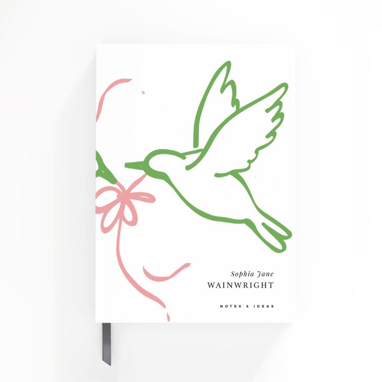 Colourful illustrated notebooks design featuring two birds holding a flower, ideal for wedding and funeral stationery, by Utterly Printable, UK-based personalised printing website.