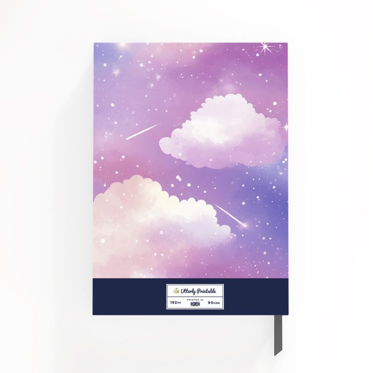 Colourful galaxy-themed notebook cover design with dreamy clouds and starry night sky, no photos.