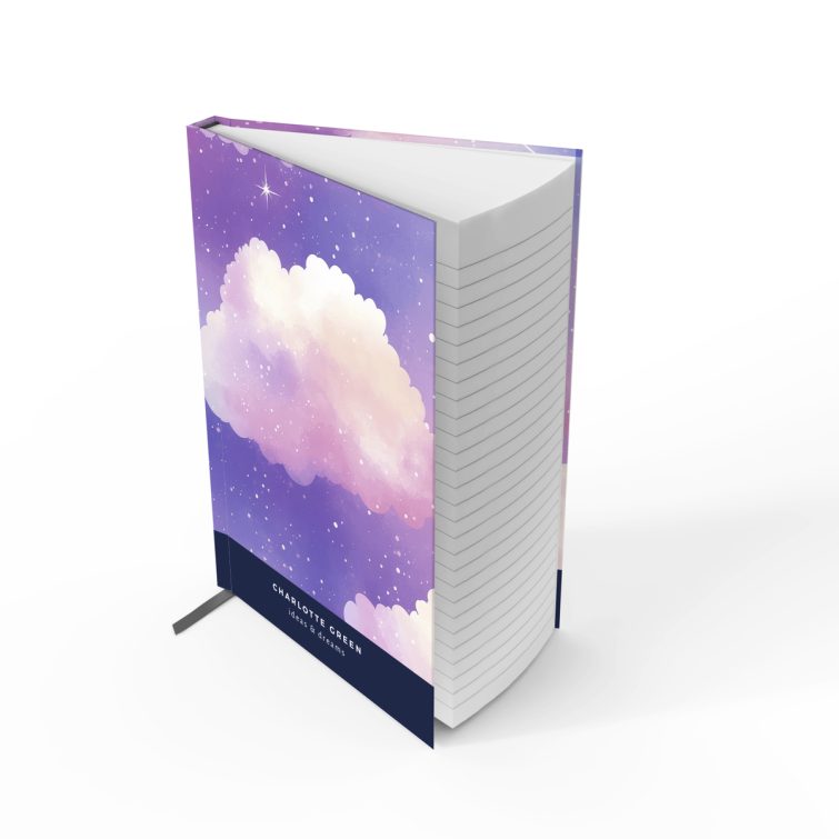 Colourful galaxy-themed notebook cover design with dreamy clouds and starry night sky, no photos.