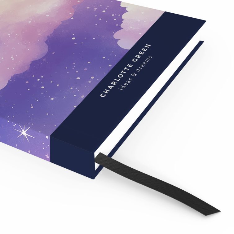 Colourful galaxy-themed notebook cover design with dreamy clouds and starry night sky, no photos.