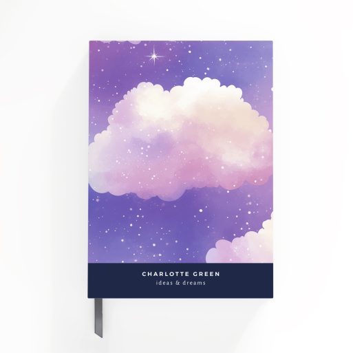 Colourful galaxy-themed notebook cover design with dreamy clouds and starry night sky, no photos.