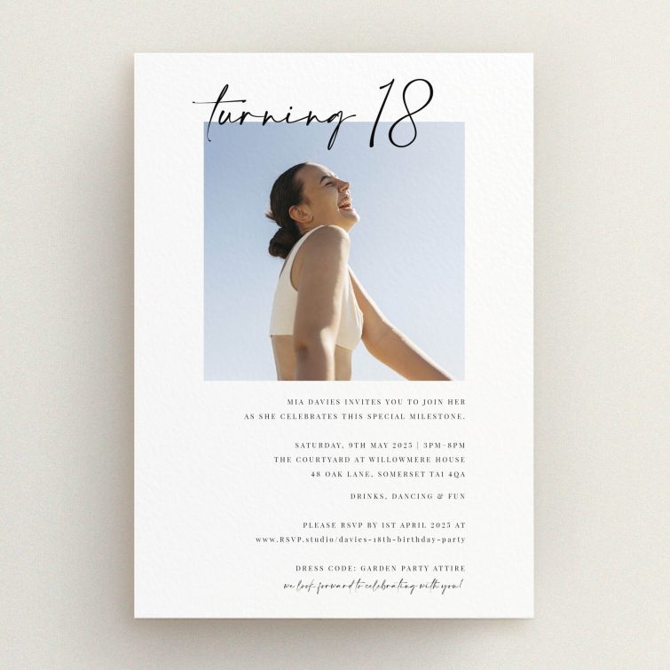Stylish 18th birthday invitation with modern design and one photo, perfect for milestone celebrations.