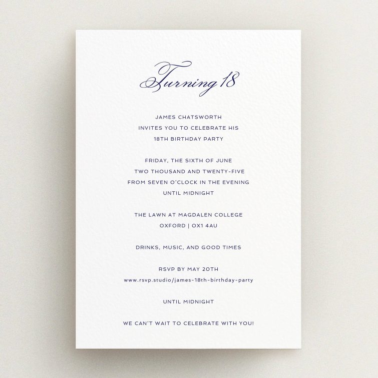 Elegant 18th Birthday Invitation design with classic typography, featuring no photos.
