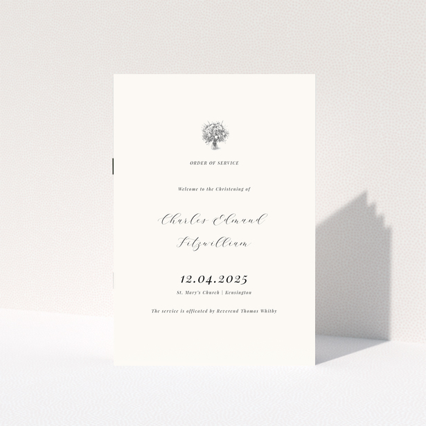 Christening order of service programme with floral illustration and elegant typography