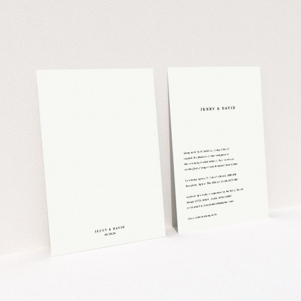 "Elegant Announcement" A5 monochrome wedding invitation with bold central typography. This image shows the front and back sides together