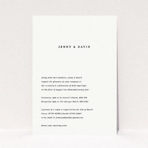 "Elegant Announcement" A5 monochrome wedding invitation with bold central typography. This is a view of the front