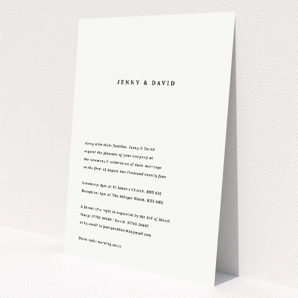 'Elegant Announcement' A5 monochrome wedding invitation with bold central typography. This is a view of the front