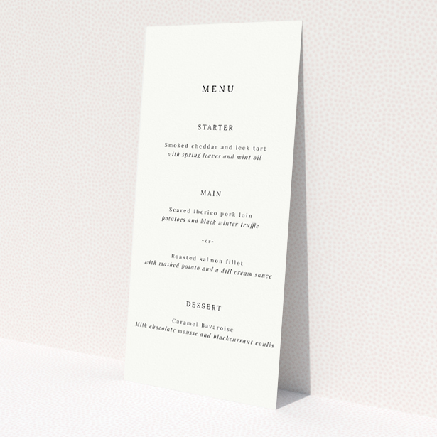 Elegant Announcement wedding menu template with a timeless monochrome palette and minimalist layout, perfect for couples seeking elegance and refinement This is a view of the back