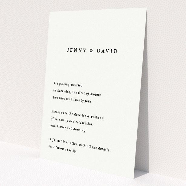Elegant Announcement wedding save the date card with bold centered typography on pristine white backdrop, offering timeless sophistication. This is a view of the back
