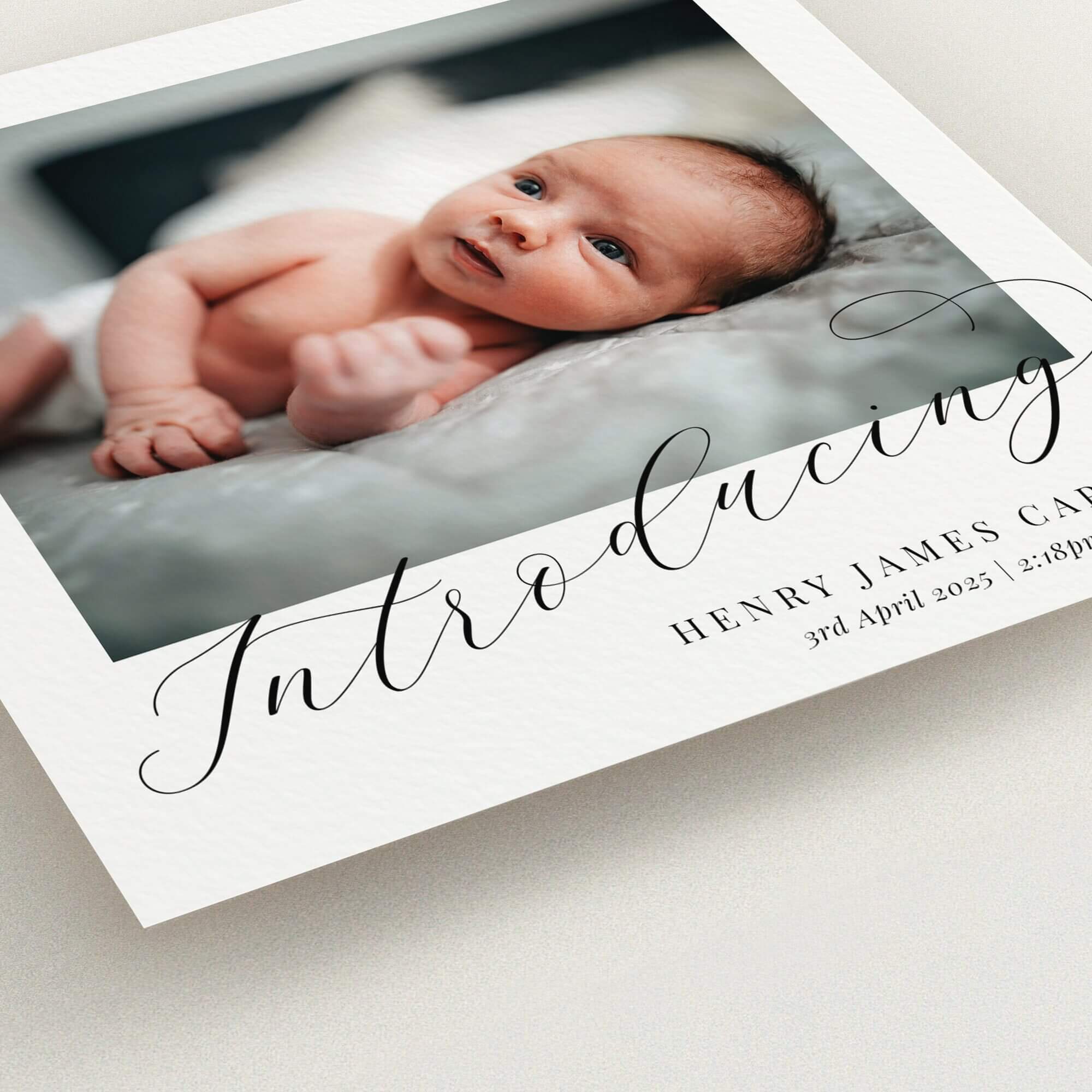 Elegant birth announcement card featuring one photo of a newborn baby with personalised text details.