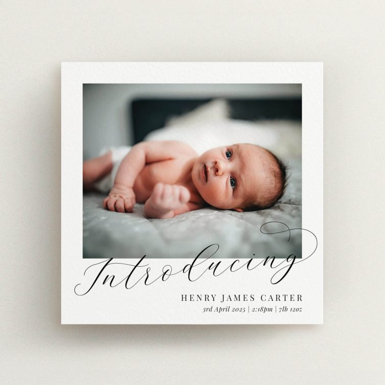 Elegant birth announcement card featuring one photo of a newborn baby with personalised text details.