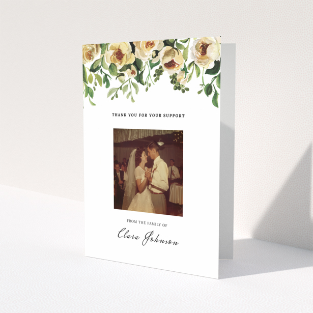 Funeral thank you card with floral design and one photo