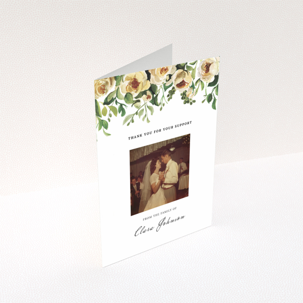 Funeral thank you card with floral design and one photo