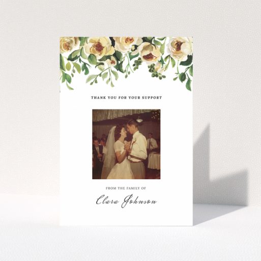 Funeral thank you card with floral design and one photo