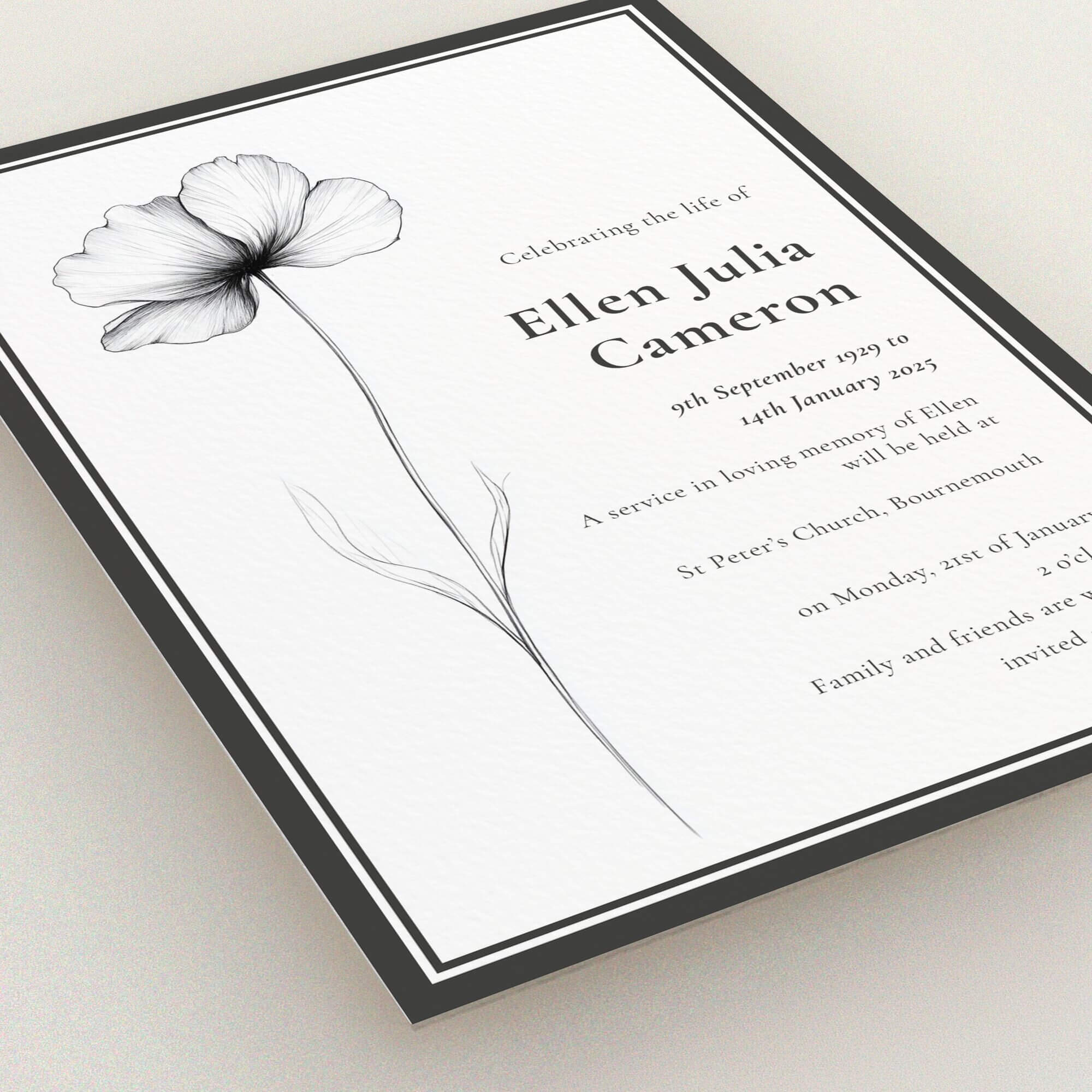Elegant floral funeral announcement design with one photo placeholder.