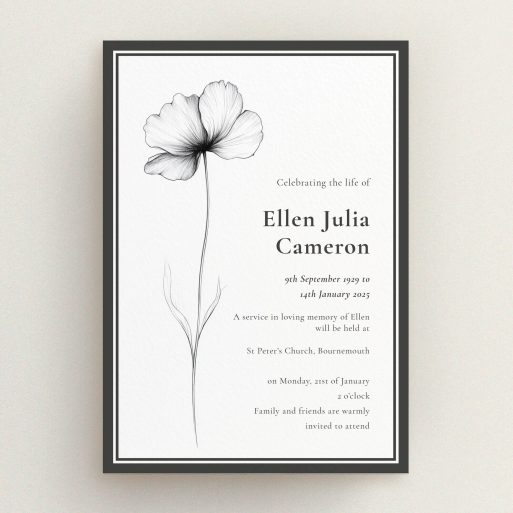Elegant floral funeral announcement design with one photo placeholder.