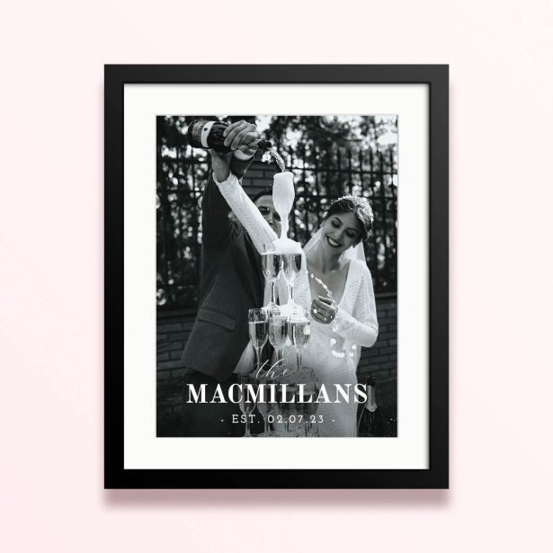 Framed and mounted photo print featuring a happy couple celebrating with champagne, includes one photo.