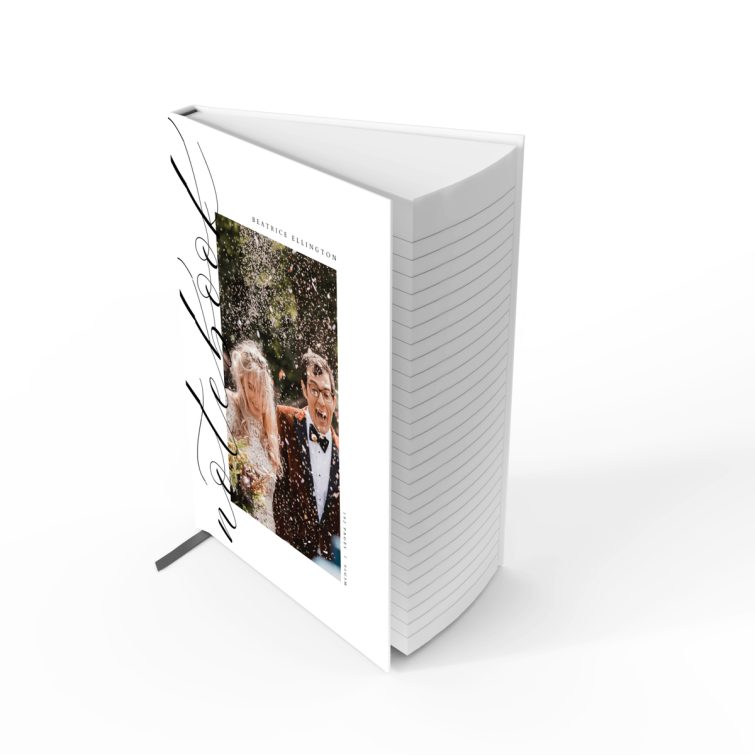 Elegant wedding-themed personalised notebook design with one photo on the cover by Utterly Printable UK.